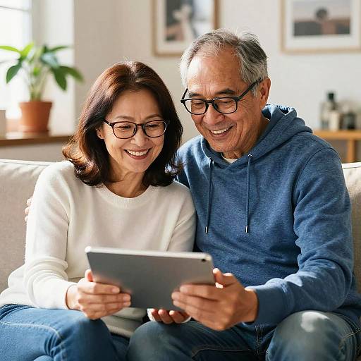 Smiling Middle-Aged Couple Using Tablet