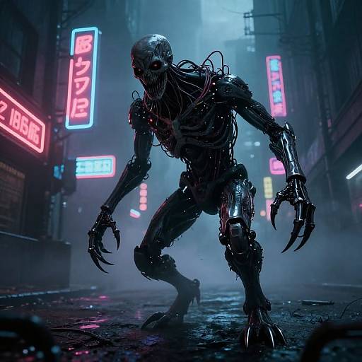 Cybernetic zombie with glowing neon claws in a foggy, neon-lit urban alley at night, illuminated by Japanese signs. Digital art.
