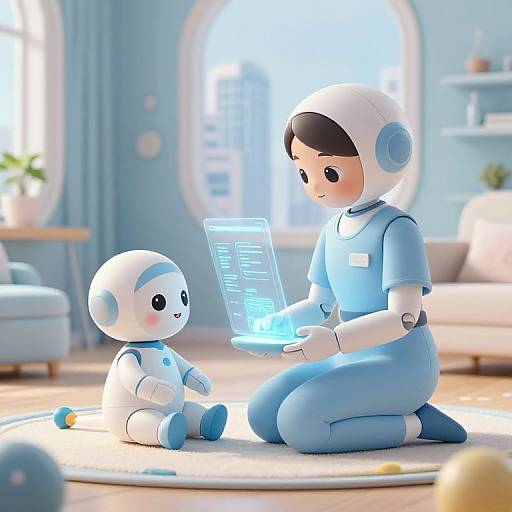 CGI image of a blue and white robotic mother and child, in a bright, modern living room, sitting on a rug, using a holographic