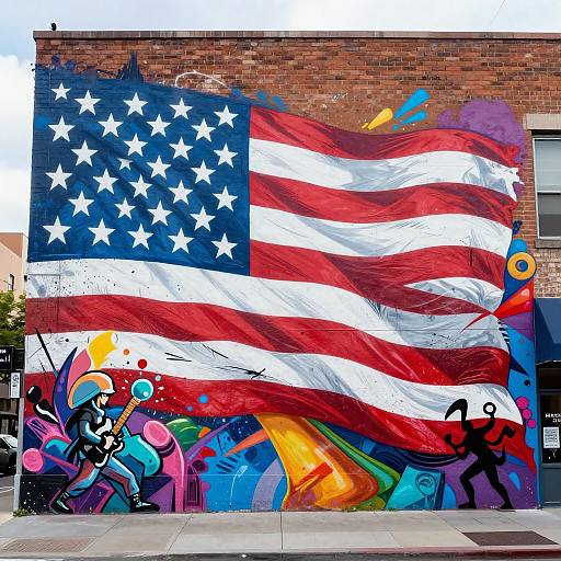 Vibrant street mural of a large, waving American flag with colorful graffiti and abstract shapes below, on a brick building wall.