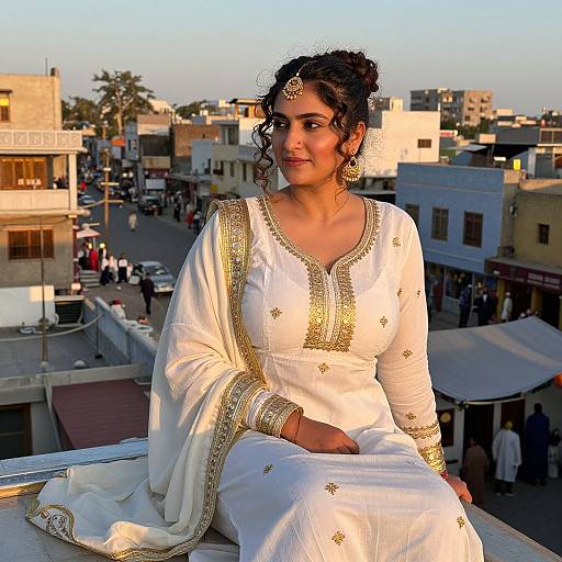 Photograph of a smiling Indian woman with dark curly hair, wearing a white embroidered traditional saree, seated on rooftop, urban background.