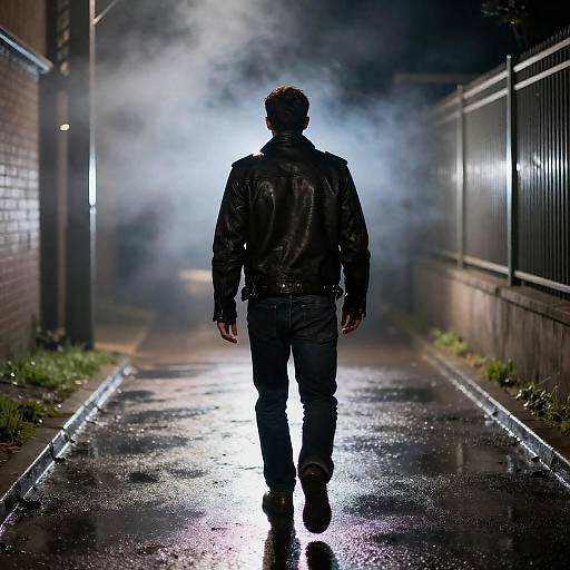 Silhouetted Man in Rainy Night Alley