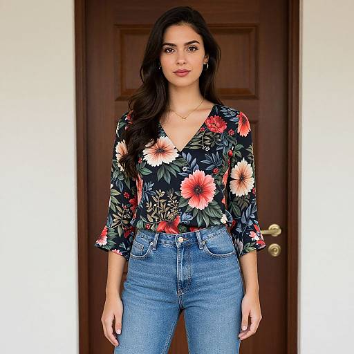 Photograph of a young woman with long dark hair, wearing a floral black blouse and blue jeans, standing in front of a wooden door.