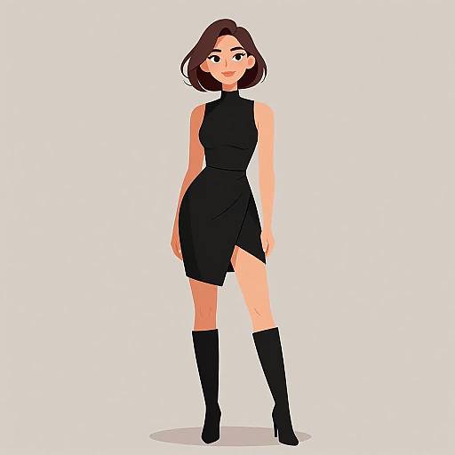 Digital illustration of a woman with short brown hair, wearing a sleeveless black dress and knee-high black boots, standing against a white background.