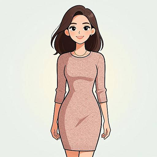 Digital anime-style illustration of a smiling woman with medium-length brown hair, wearing a form-fitting pink dress and a simple necklace, standing against a plain