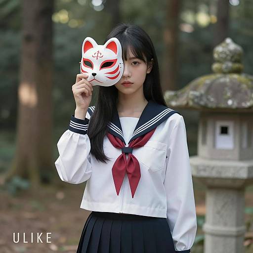 Mystical Asian Schoolgirl in Forest