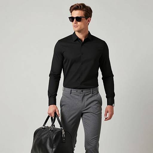 Photograph of a handsome, confident man with short brown hair, wearing black sunglasses, black shirt, gray pants, and carrying a black bag. White