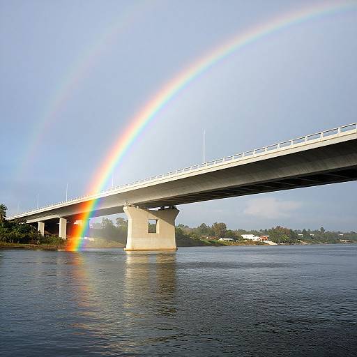 Photograph of a concrete bridge over a calm river, with a vivid rainbow arching across the sunlit sky.