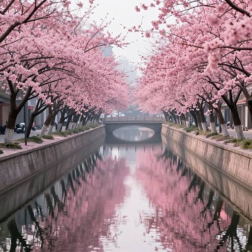 Photograph of a serene canal lined with blooming pink cherry blossom trees, reflecting their vibrant flowers in the calm water.