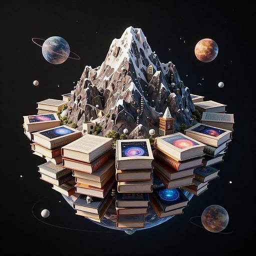 Surreal Floating Book Mountain Universe