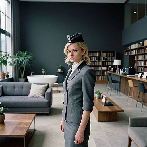Photograph of a blonde woman in a gray business suit and black pilot hat standing in a modern, sunlit office with bookshelves and furniture.