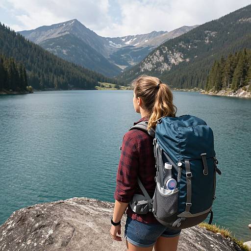 Photograph of a woman with blonde ponytail, wearing red plaid shirt and denim shorts, standing on rock overlooking serene mountain lake with forested peaks
