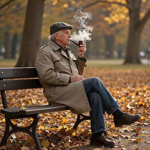 Elderly man in trench coat, flat cap, blue jeans, smoking pipe, sits on park bench amidst autumn leaves, smoke rising. Photograph.