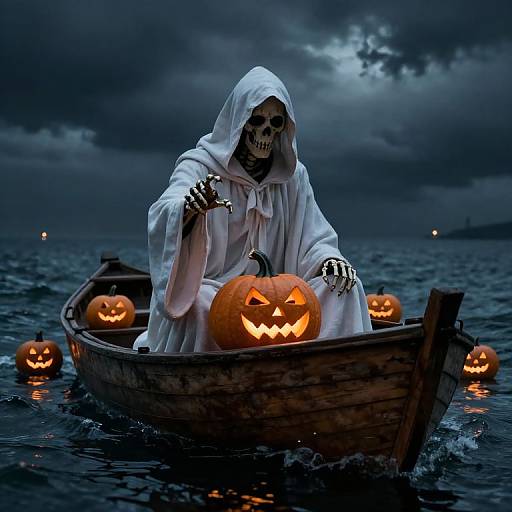 Photograph of a skeletal figure in a white hooded robe, rowing a wooden boat with glowing jack-o'-lanterns on a dark,