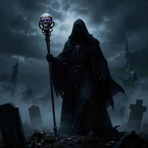 Mysterious, hooded figure with glowing blue skull staff in dark, stormy graveyard; eerie blue moonlight illuminates cloudy sky. Digital art.