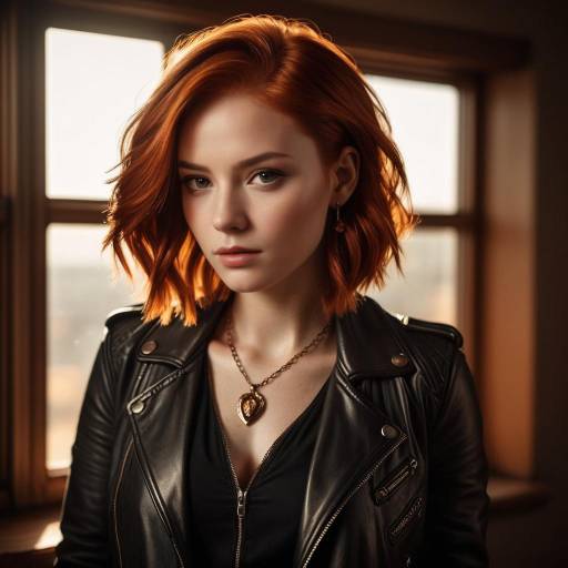 Redhead Woman in Black Leather Jacket