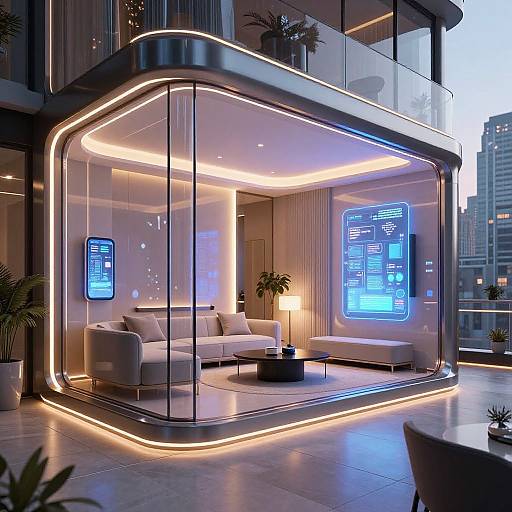 Modern, illuminated glass cube exterior with sleek, white sofas, lamp, and blue neon display screens, set against a cityscape at dusk.