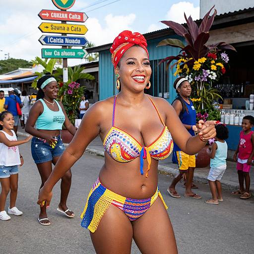 Photograph of a smiling, curvy Black woman with red bandana, colorful bikini, large breasts, dancing on street with signs, children, and