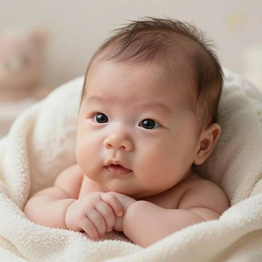 Photograph of a chubby, Asian baby with dark eyes, lying on a soft, white blanket, gazing curiously into the camera.