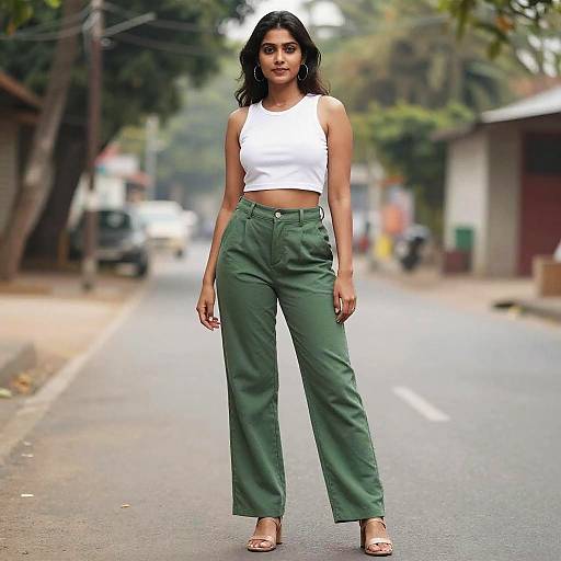 Photograph of a confident South Asian woman with wavy black hair, wearing a white crop top, green high-waisted pants, and beige sandals