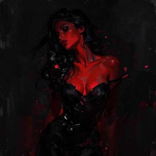 Digital painting of a dark-haired woman with glowing red skin, wearing a black, low-cut dress, against a black, textured background.