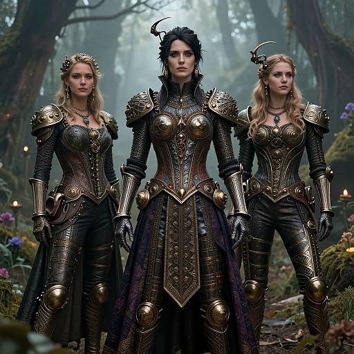 Digital artwork of three armored women in medieval fantasy forest, wearing ornate, black-and-gold armor with intricate designs, standing confidently.