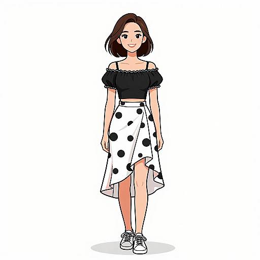 Digital illustration of a smiling young woman with fair skin, brown shoulder-length hair, wearing a black off-shoulder top and white polka dot skirt