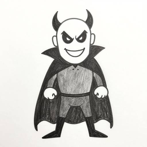 Black-and-white cartoon drawing of a bald, horned demon with a wide grin, black cape, and grey outfit, standing confidently.