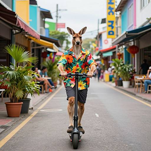 Photograph of a kangaroo in a colorful Hawaiian shirt riding a scooter down a vibrant, busy street with shops and people.