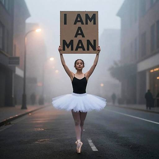 Resolute Ballet Dancer in Misty Urban Dawn