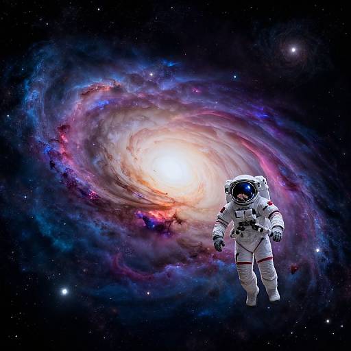 Photorealistic CGI of an astronaut in a white spacesuit floating in space, gazing at a vibrant, swirling galaxy with colorful nebulae and