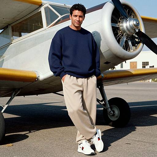 Photograph of a dark-haired man in navy sweater, beige pants, and white sneakers standing in front of a yellow-and-white vintage airplane.