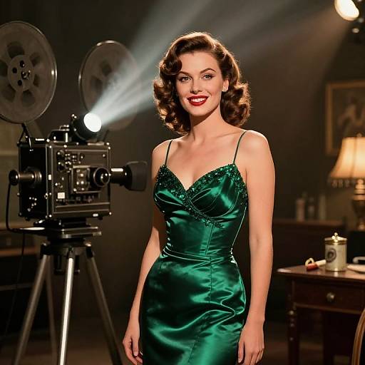 Vintage-style photograph of a smiling woman in a shiny green satin dress, standing in a dimly lit film studio with a camera and spotlight behind her.