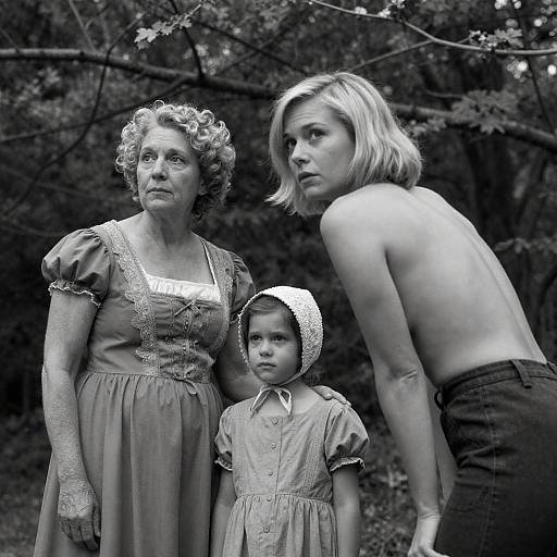 Black and White Portrait of Three Generations in Forest