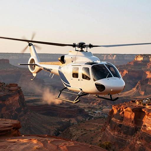 Helicopter Hovering Over Desert Canyon