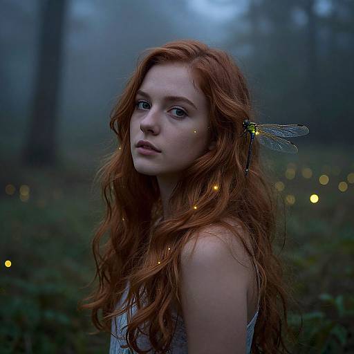 Photograph of a fair-skinned, red-haired woman with wavy hair, wearing a gray sleeveless top, adorned with a dragonfly hairpin