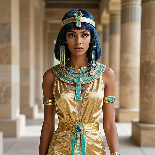 Photograph of an African woman in an Egyptian-style gold dress and accessories, with blue bob haircut, blue and green jewelry, standing in a stone column