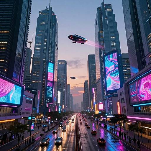Photorealistic digital art of a neon-lit, futuristic city street at sunset, with flying cars, skyscrapers, colorful billboards, and