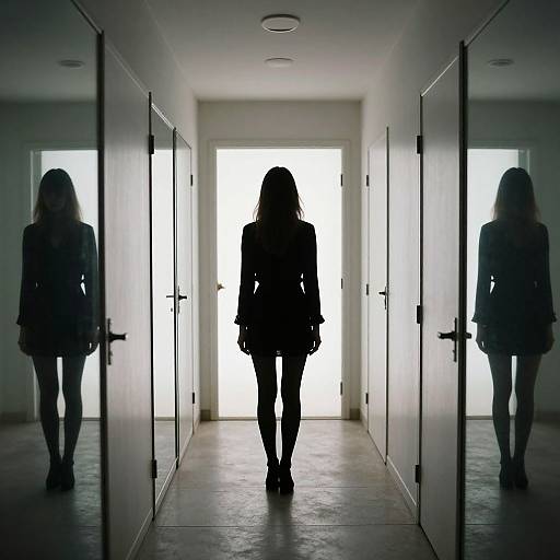 Silhouetted woman in business attire stands in white-lit doorway, reflected in mirrored walls of modern, minimalist hallway. Photograph.