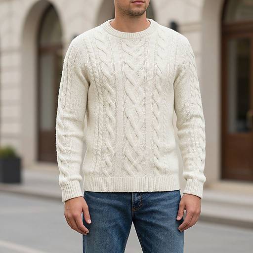 Photograph of a man wearing a white cable-knit sweater and blue jeans, standing on a city street with blurred arched building background.