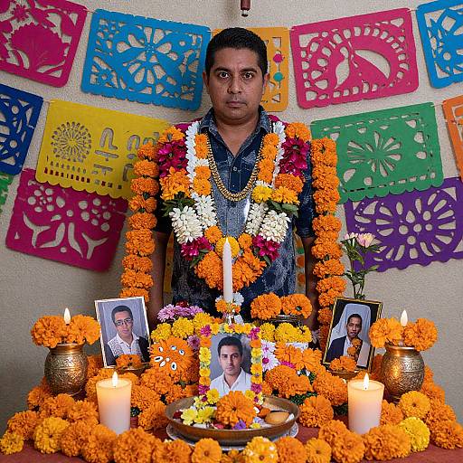 Photograph of a man with short black hair, wearing a dark shirt and orange marigold garland, standing in front of colorful paper cutouts