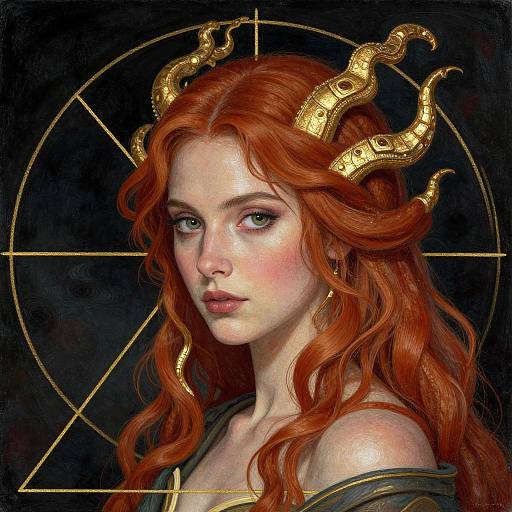 Digital painting of a pale-skinned, red-haired woman with golden, twisted horns, green eyes, and off-shoulder green garment, against a
