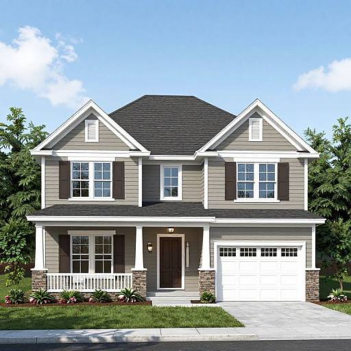 Photograph of a two-story, beige and gray modern house with a dark gray roof, white trim, stone accents, and a two-car garage,