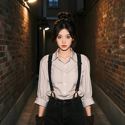 Photograph of an East Asian woman with dark hair in a bun, wearing a white striped shirt and black suspenders, standing in a dimly lit