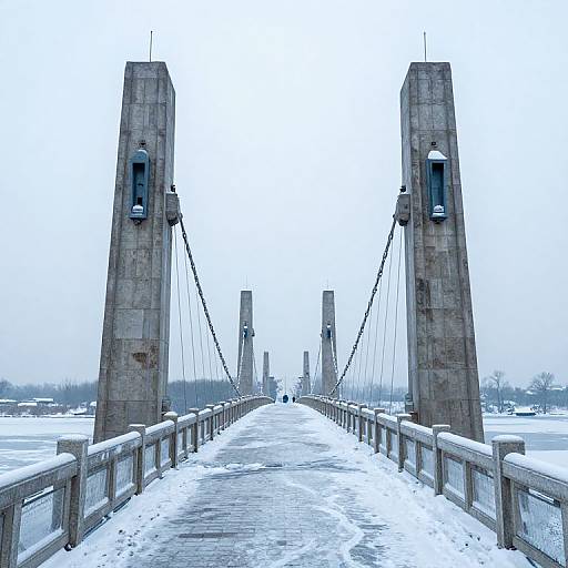 Photograph of a snow-covered suspension bridge with tall stone towers, icy cables, and a narrow, snowy path leading into a foggy, wintry