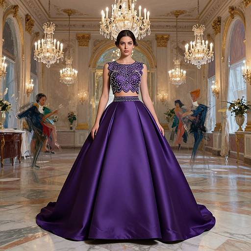 Photograph of a woman in a sparkling purple crop top and voluminous satin ball gown, standing in an ornate, chandelier-lit ballroom
