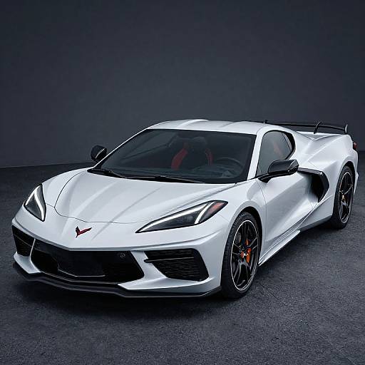 Photograph of a sleek, white, modern sports car with black accents, sharp LED headlights, and black rims, set against a dark gray background.