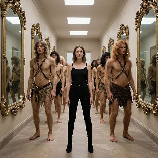Photograph of a woman in black clothes standing in a hallway with five muscular, furry, caveman-like men wearing loincloths, reflected in