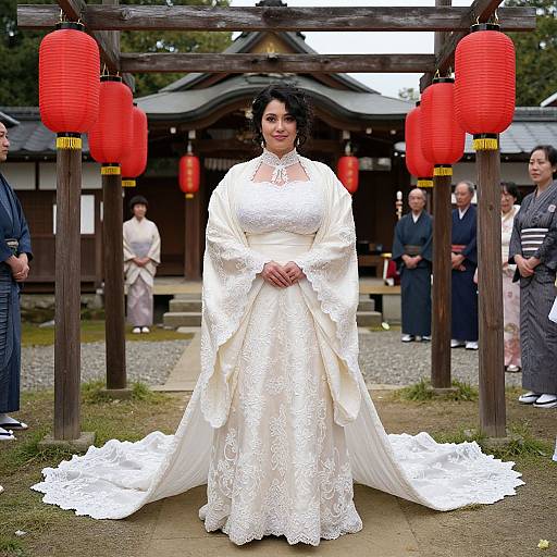Photograph of a plus-size bride in a white lace wedding gown with long sleeves, standing under red lanterns on a wooden pergola, surrounded by