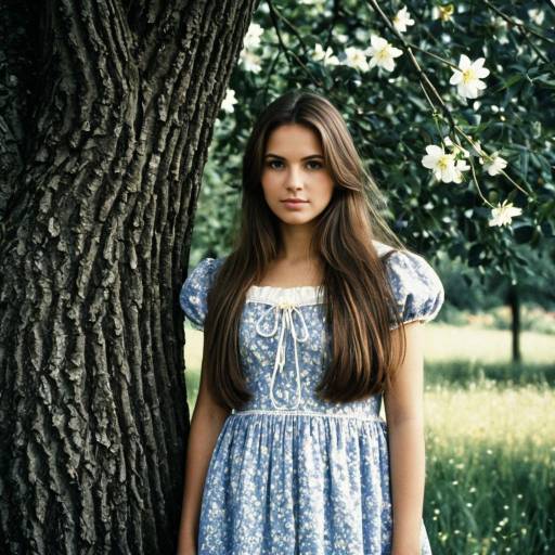 Young Woman in Blue Dress by Tree Outdoors